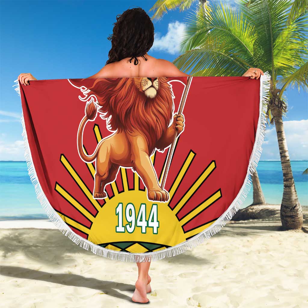 Red round beach blanket with white fringe, lion holding flag, YOUR TEXT, 1944 design