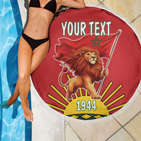 Red round beach blanket with white fringe, lion holding flag, YOUR TEXT, 1944 graphic