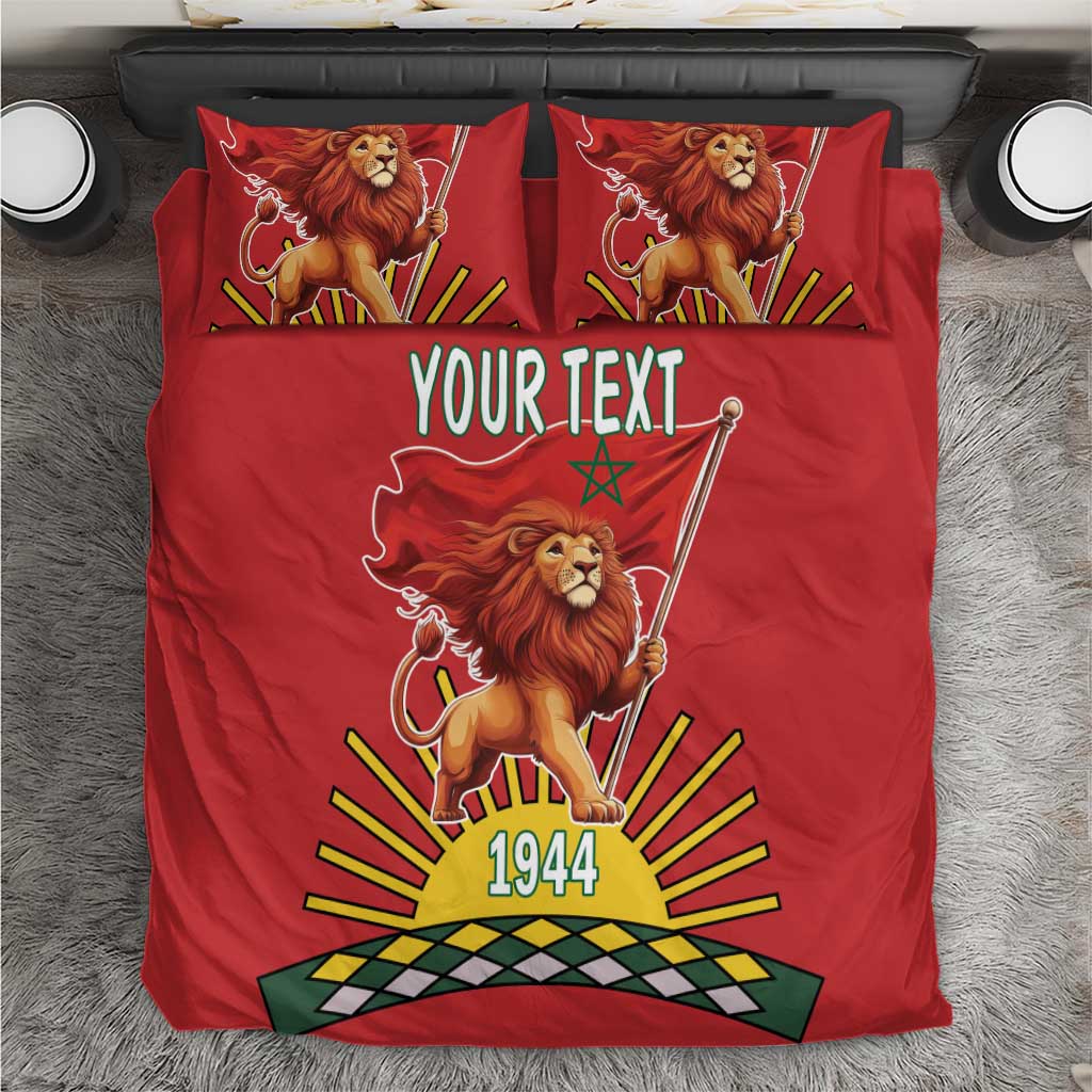 Red bedding set with lion flag graphic, “YOUR TEXT” and “1944” on duvet and pillows.