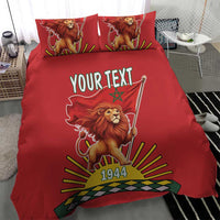 Red bedding set with lion holding a flag graphic, “YOUR TEXT” text, and “1944” on duvet.
