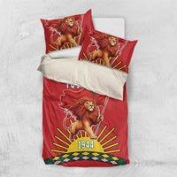 Red bedding set with lion holding flag, “YOUR TEXT,” and “1944” printed on duvet and pillows.