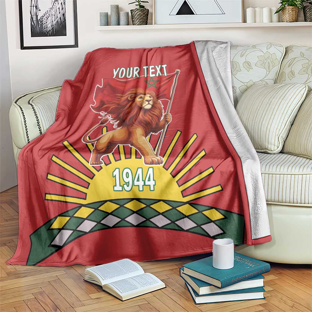 Red personalized blanket with lion holding flag, 'YOUR TEXT' and '1944' print