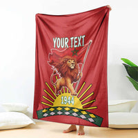 Red blanket draped view: lion holding flag with 'YOUR TEXT' and '1944' design