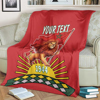 Red blanket close-up featuring lion holding flag, 'YOUR TEXT' and '1944' below