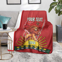 Red personalized blanket with lion holding flag, 'YOUR TEXT' lettering and '1944'