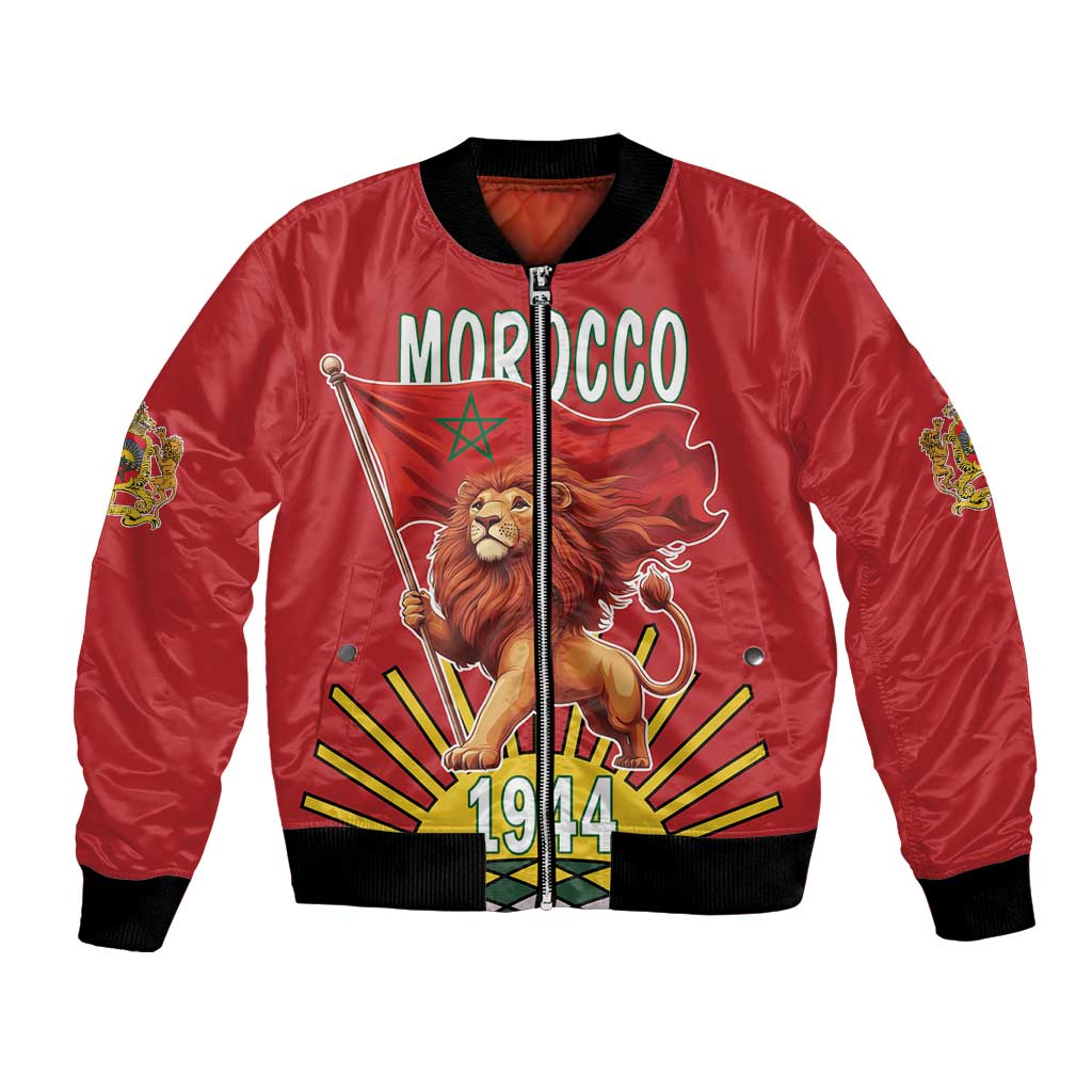Red satin bomber jacket with lion graphic, Morocco flag, and 1944 on front