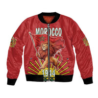 Red satin bomber jacket with lion graphic, Morocco flag, and 1944 on front