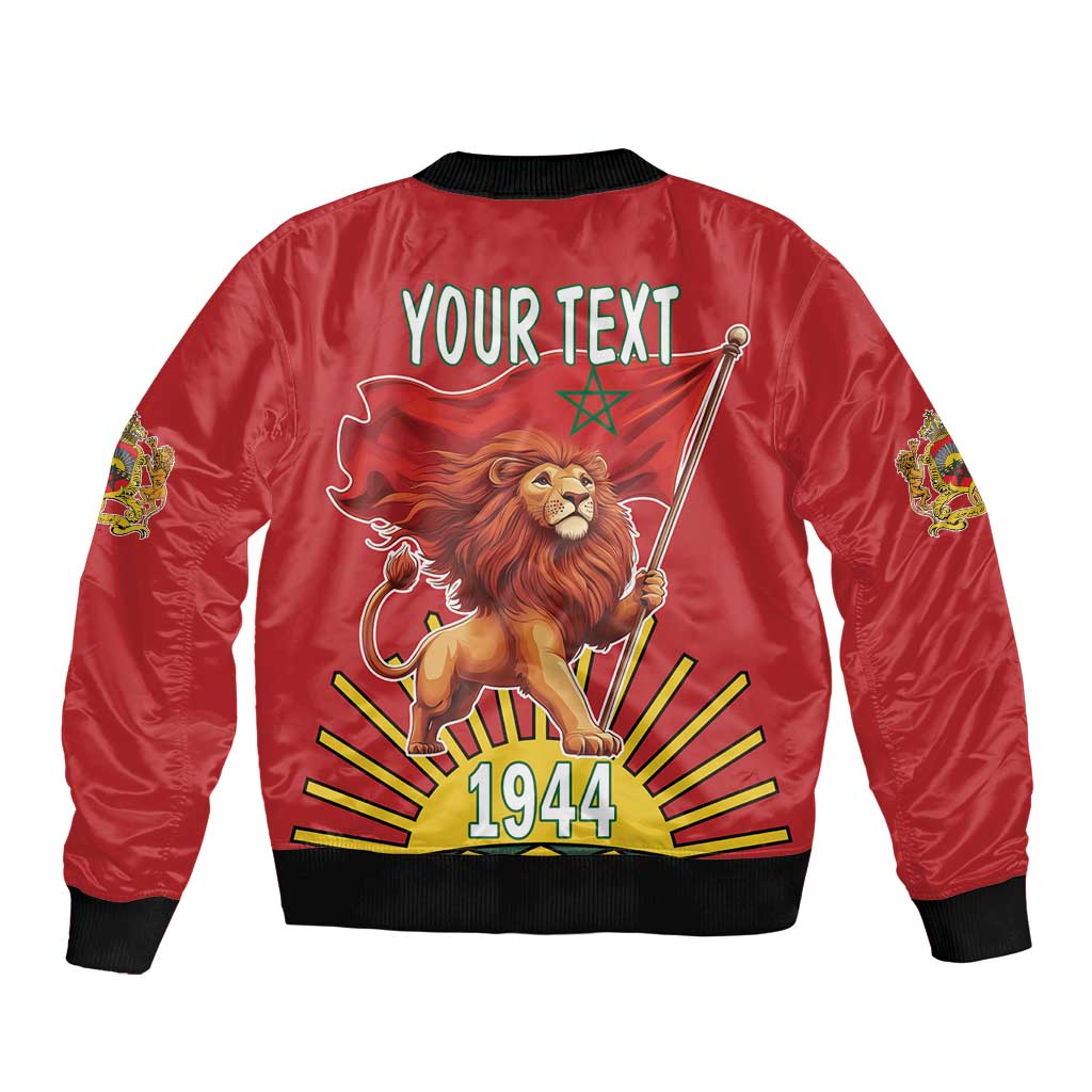 Red bomber jacket with lion holding flag, “YOUR TEXT” and 1944 graphic on back
