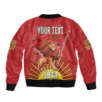 Red bomber jacket with lion holding flag, “YOUR TEXT” and 1944 graphic on back