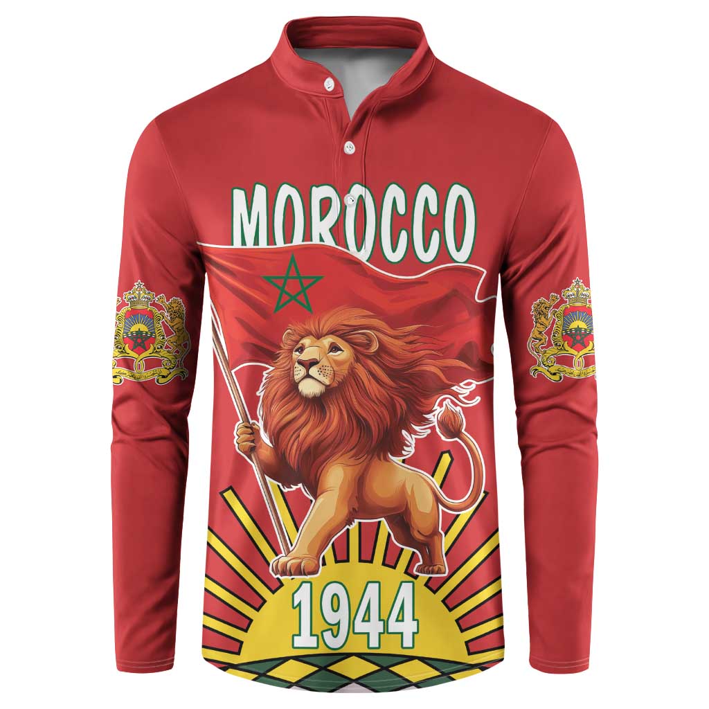 Red button sweatshirt with front Morocco lion, 1944 graphic, and emblem sleeve prints