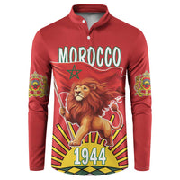 Red button sweatshirt with front Morocco lion, 1944 graphic, and emblem sleeve prints