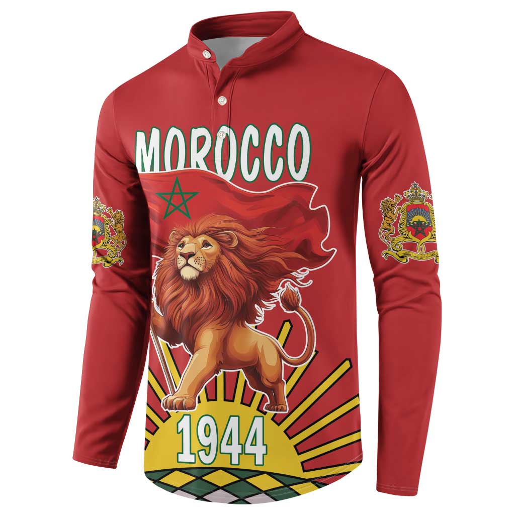 Red button sweatshirt with front Morocco lion holding flag, 1944 design, emblem sleeve prints