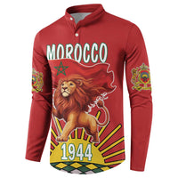 Red button sweatshirt with front Morocco lion holding flag, 1944 design, emblem sleeve prints