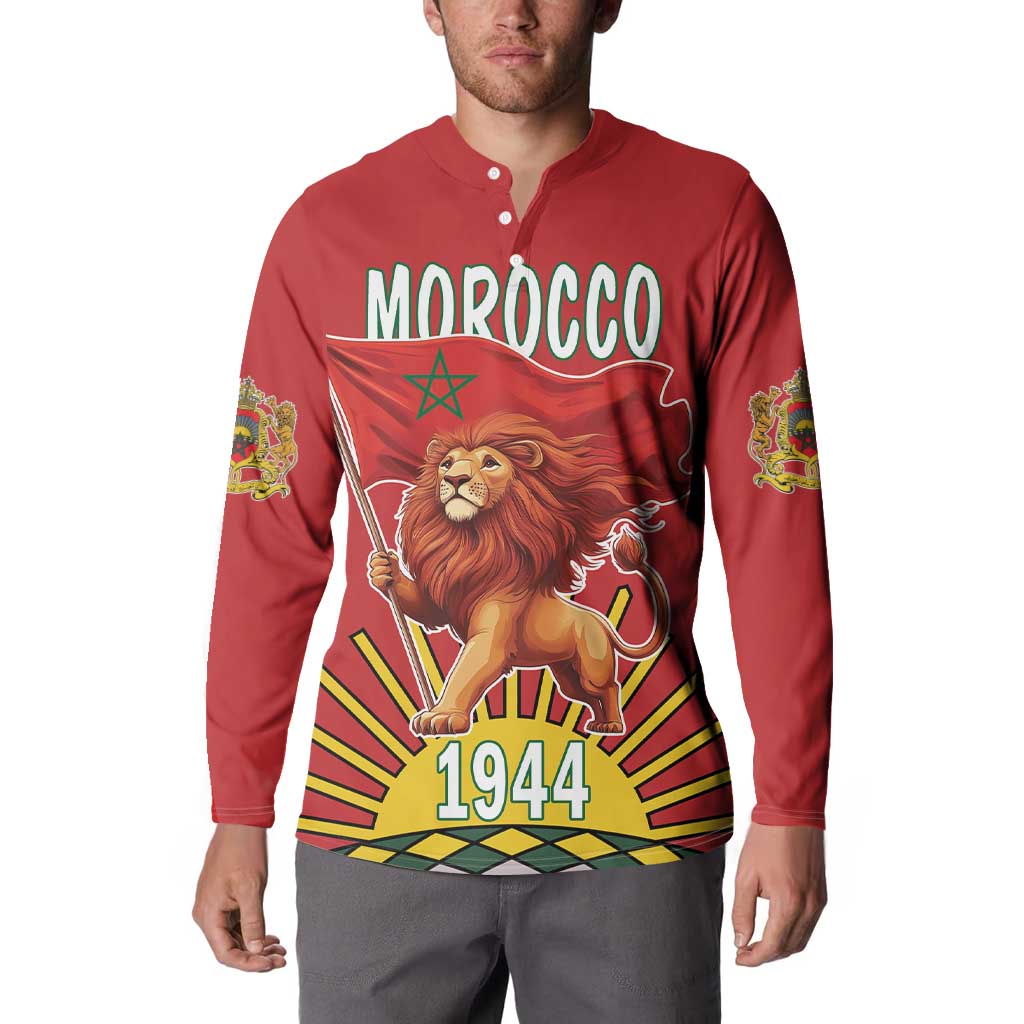 Red button sweatshirt worn on model; front Morocco lion flag and 1944 graphic