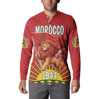 Red button sweatshirt worn on model; front Morocco lion flag and 1944 graphic