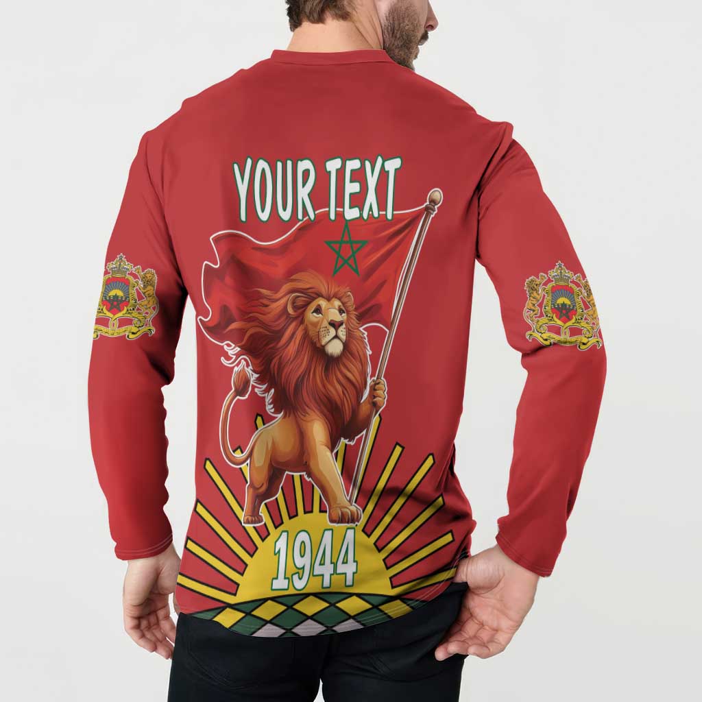 Red button sweatshirt worn on model; back "YOUR TEXT" lion flag artwork and 1944