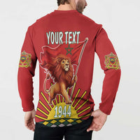 Red button sweatshirt worn on model; back "YOUR TEXT" lion flag artwork and 1944