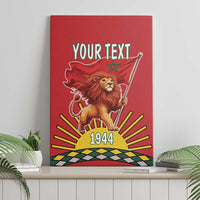 Red lion canvas wall art with “Your Text” and 1944, holding staff banner, rays