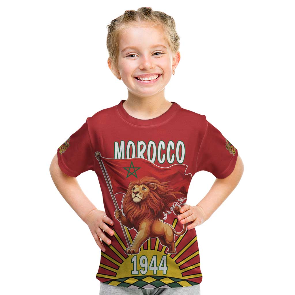 Personalized Morocco Proclamation Day 1944 Kid T Shirt Barbary Lion With Flag