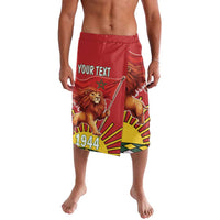 Men's red board shorts with lion and flag print, personalized 'Your Text'.