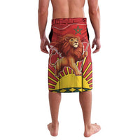 Men's red board shorts with lion crest and flag stripes, elastic waistband.