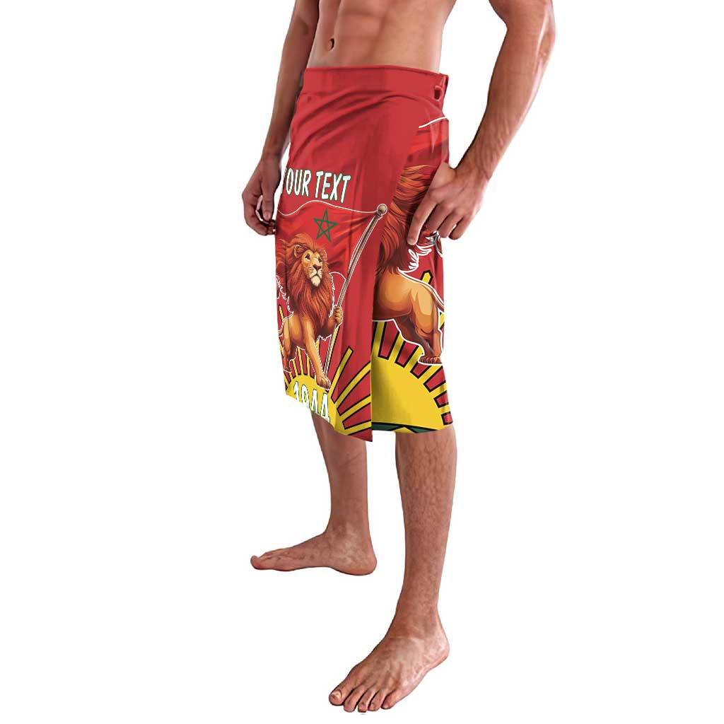 Men's red board shorts with lion and flag print, side view, drawstring waist.