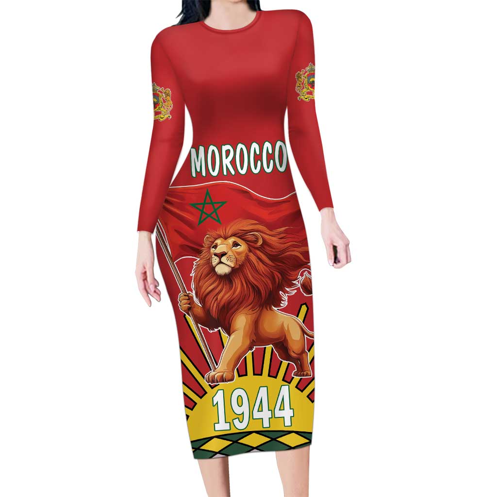 Personalized Morocco Proclamation Day 1944 Long Sleeve Bodycon Dress Barbary Lion With Flag - Wonder Print Shop