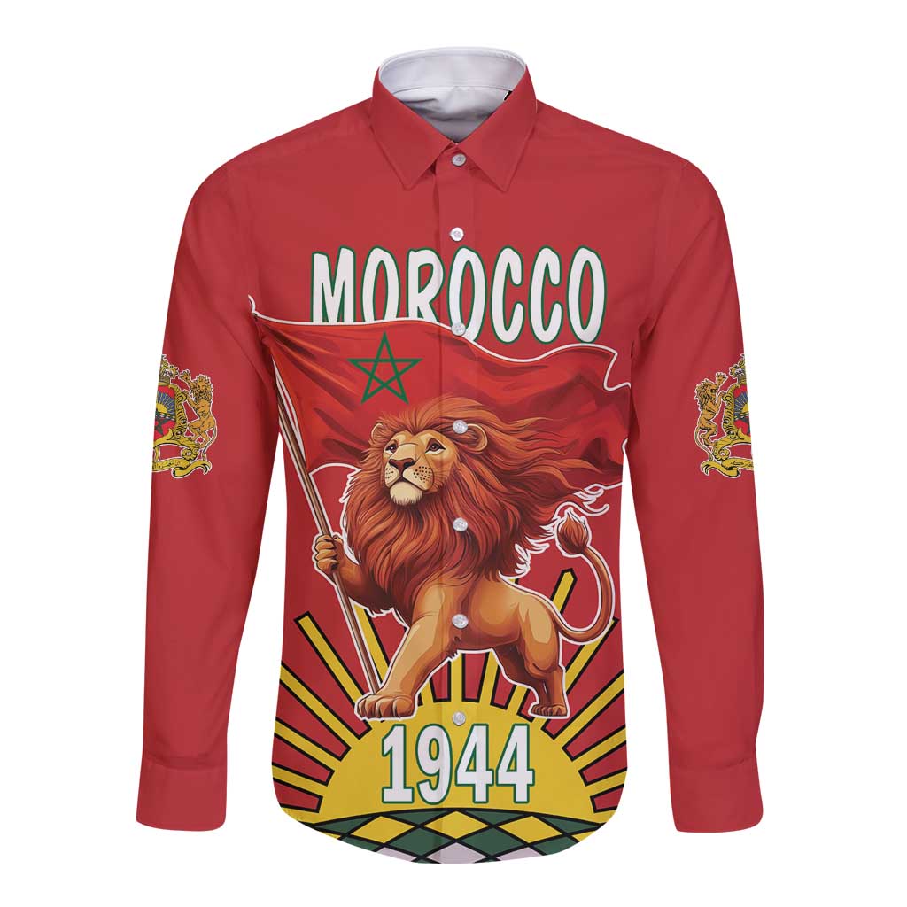 Red long-sleeve button shirt with lion flag print and “MOROCCO” lettering, 1944