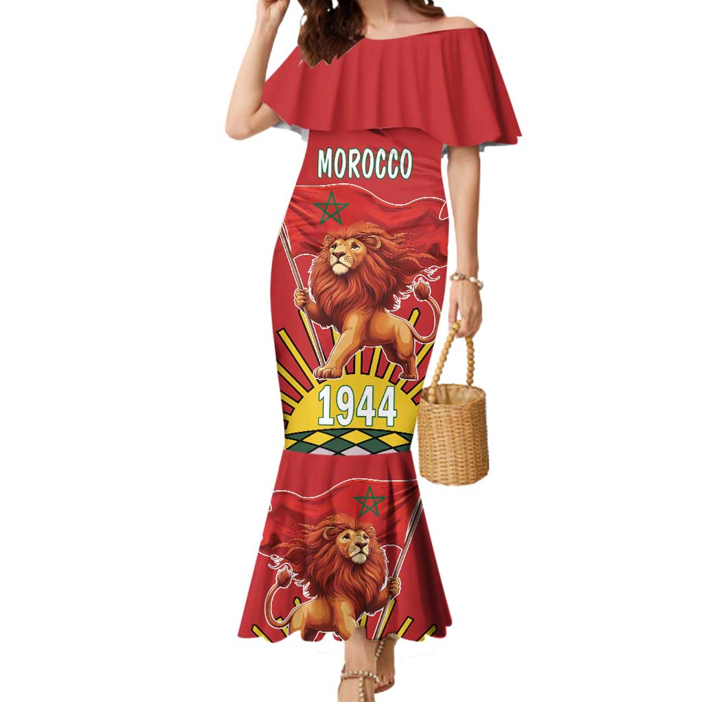 Personalized Morocco Proclamation Day 1944 Mermaid Dress Barbary Lion With Flag - Wonder Print Shop