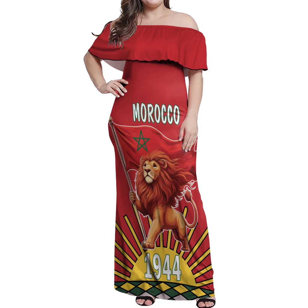 Personalized Morocco Proclamation Day 1944 Off Shoulder Maxi Dress Barbary Lion With Flag - Wonder Print Shop