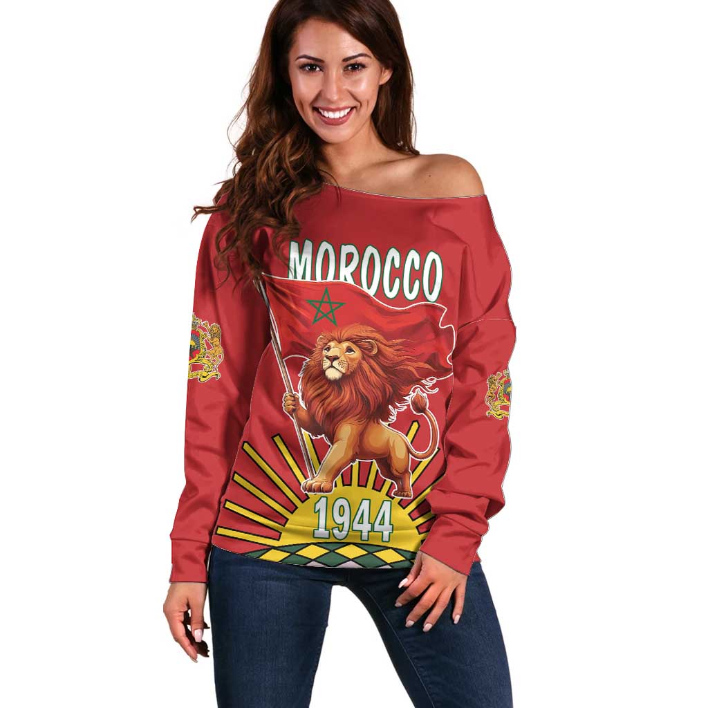 Personalized Morocco Proclamation Day 1944 Off Shoulder Sweater Barbary Lion With Flag - Wonder Print Shop