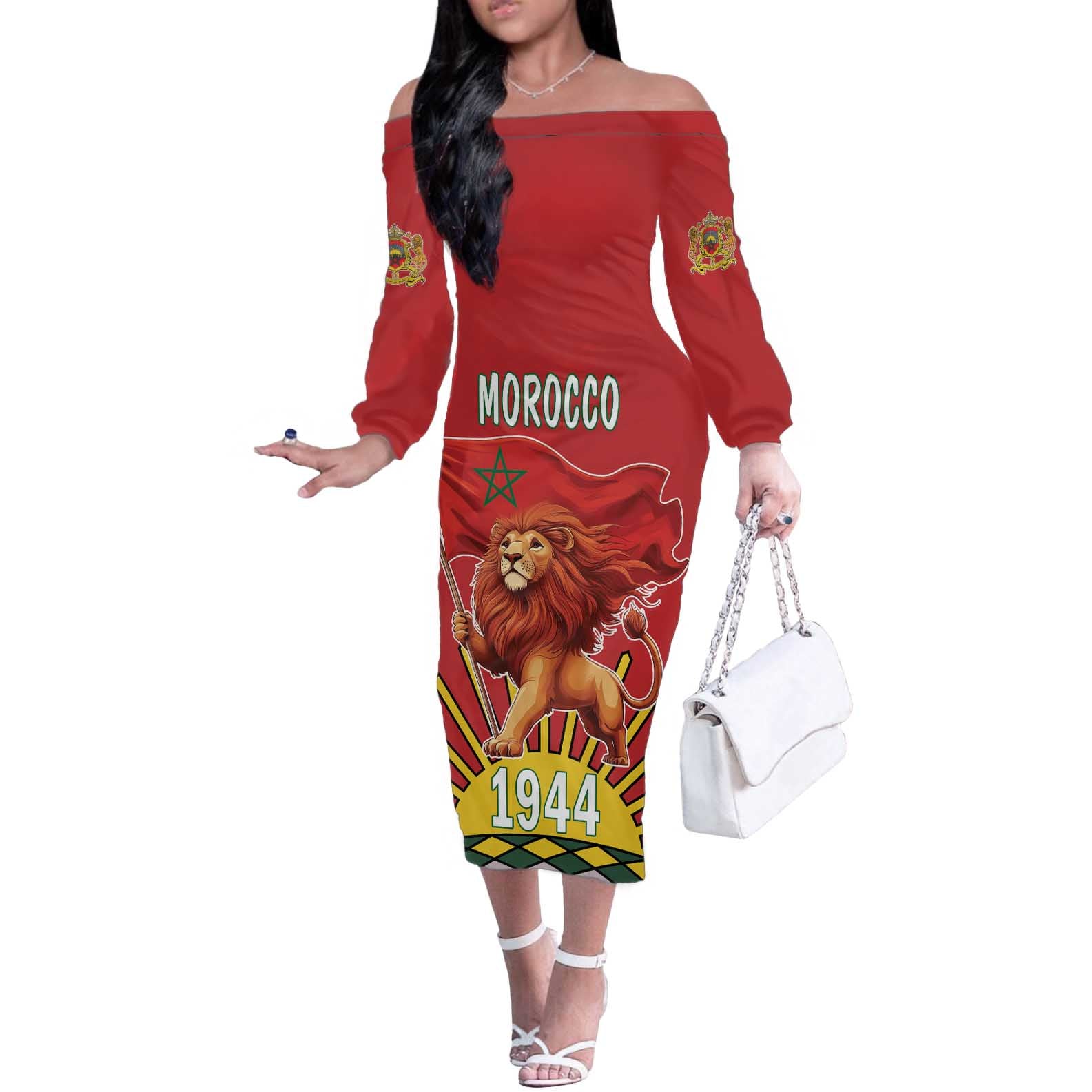 Personalized Morocco Proclamation Day 1944 Off The Shoulder Long Sleeve Dress Barbary Lion With Flag - Wonder Print Shop