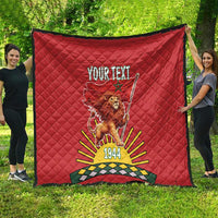 Red quilt blanket with lion holding flag, 'YOUR TEXT' center, and 1944 design