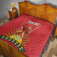 Red quilt blanket on bed with lion holding flag print, 'YOUR TEXT', 1944 motif