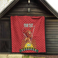 Red quilt blanket with lion graphic holding a flag, 'YOUR TEXT' and 1944