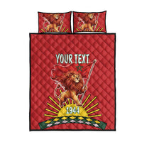 Red quilt bed set with 'YOUR TEXT' centerpiece, lion artwork, 1944, and two matching pillowcases