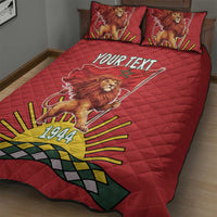 Red quilt bed cover with lion and spear graphic, 'YOUR TEXT' text, and 1944 emblem