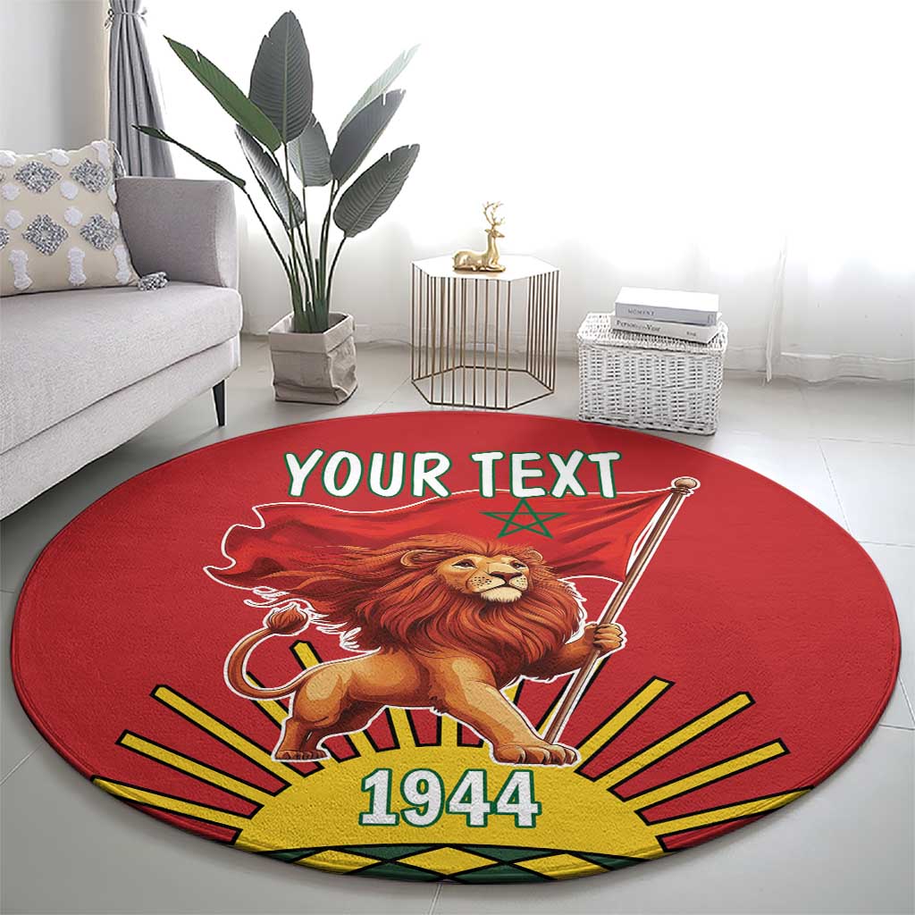 Round red rug with lion holding a flag and bold 'YOUR TEXT' above '1944'