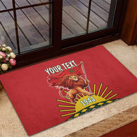 Red rubber doormat on tile, lion holding flag with Your Text and 1944 emblem