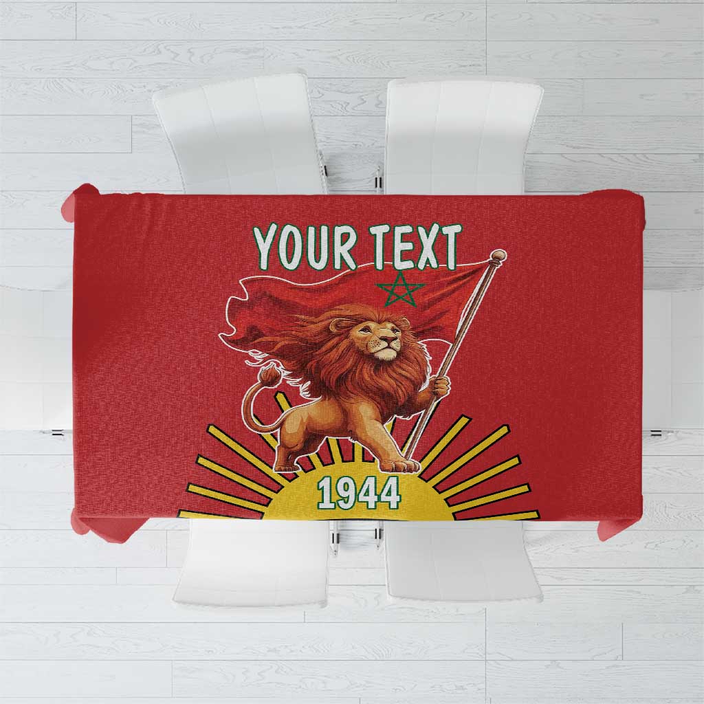 Red personalized tablecloth with lion emblem and 1944 graphic centered on it