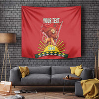 Red personalized tapestry with lion holding flag, 'YOUR TEXT' and '1944' graphic