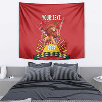 Red tapestry featuring lion holding a flag, 'YOUR TEXT' and centered '1944' design