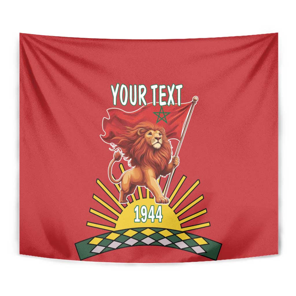 Red tapestry close-up of lion holding flag, 'YOUR TEXT' and '1944' emblem