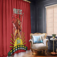Red window curtain panel with lion and flag graphic, personalized text, and 1944