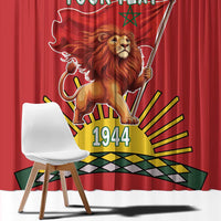 Close-up red curtain with lion face, flag banner, and bold 1944 numbers