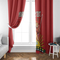 Red window curtain panels with lion and flag print, personalized text, and 1944