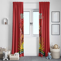 Red window curtain pair with lion emblem and colorful flag rays, personalized text
