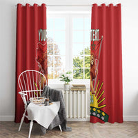 Red window curtain pair on rod with lion and flag graphics, personalized text and 1944
