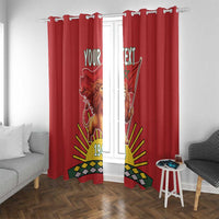 Red window curtain pair with lion emblem, flag design, and personalized text, full length