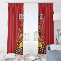Red window curtain pair with lion and flag prints, personalized text, and 1944 on rod